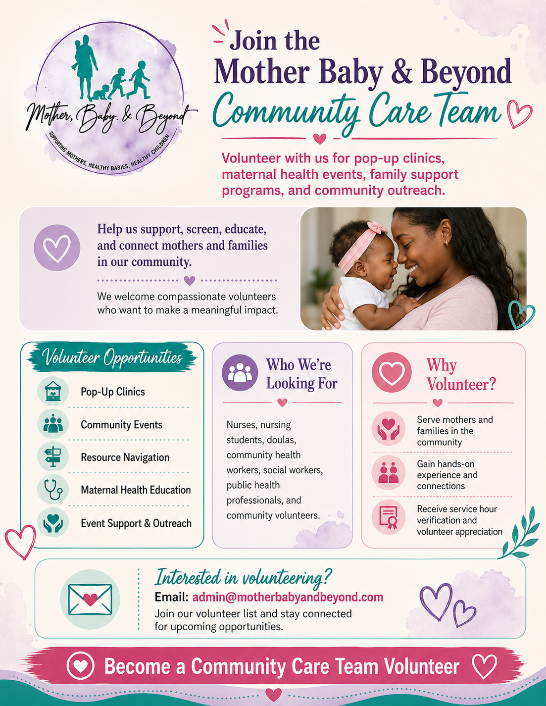 Join the Mother Baby & Beyond Community Care Team volunteer flyer