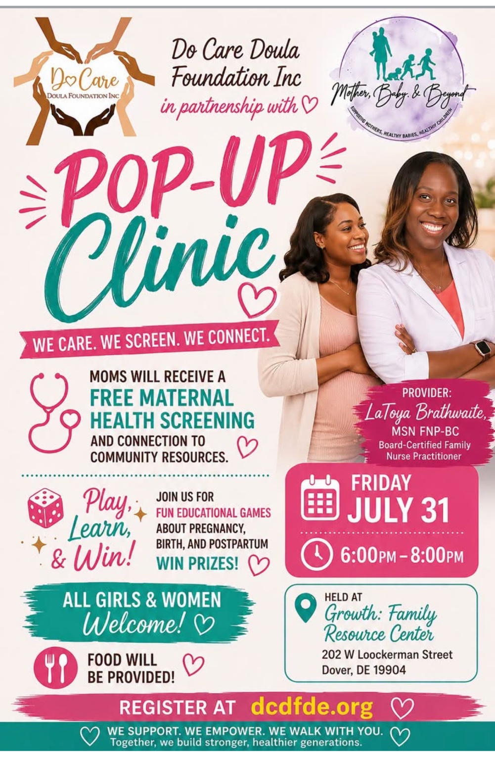 July 31 Pop-Up Clinic flyer for Do Care Doula Foundation and Mother Baby & Beyond